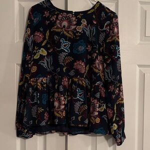 LOFT Green Floral peplum blouse with long sheer sleeves